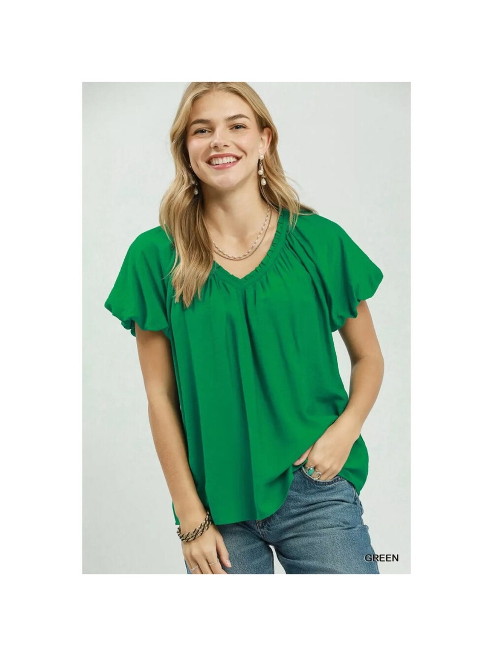 Umgee Bright Green V-Neck Short Sleeve Peasant Top